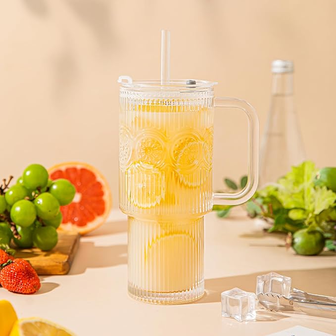 26oz Ribbed & Floral Glass Tumbler with Handle – Smoothie Cup with Lid & Straw – Reusable Iced Coffee Tumbler for Hot & Cold Drinks – Perfect for Smoothies, Matcha,Whiskey (Set of 1)