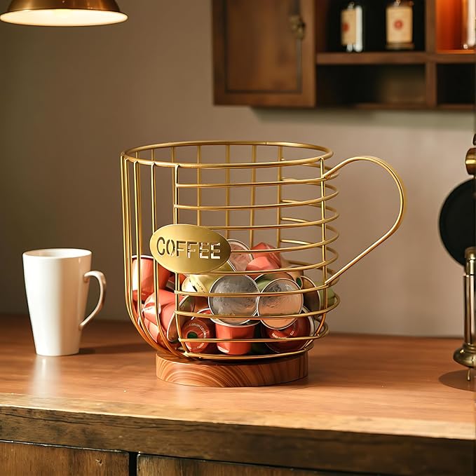 Coffee Pod Holder,Bar Accessories - Espresso Pod Holder - Large Capacity Black Wire Coffee Basket With Wooden Base