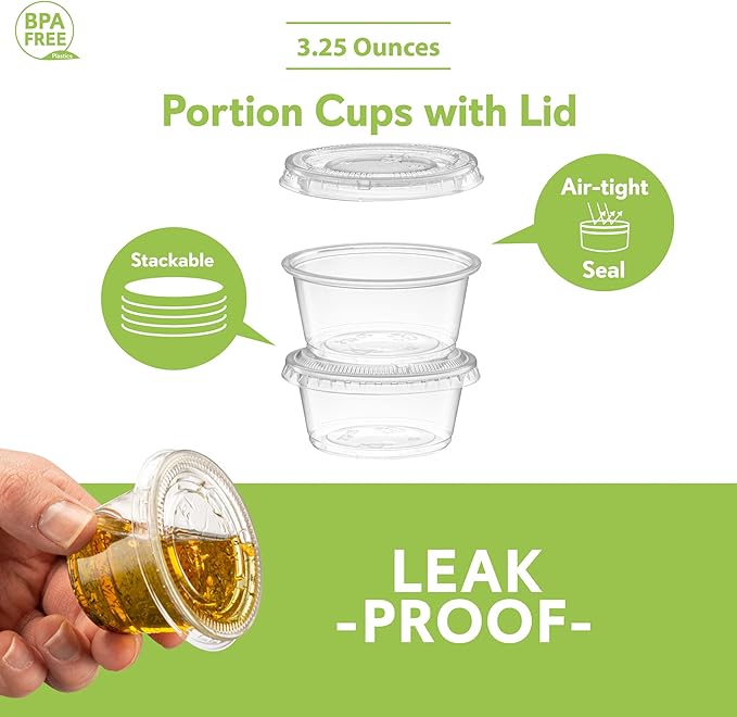(3.25 oz - 100 Sets) Clear Diposable Plastic Portion Cups With Lids, Small Mini Containers For Portion Controll, Jello Shots, Meal Prep, Sauce Cups, Slime, Condiments, Medicine, Dressings,