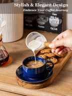 Gomakren 6 Ounce Cappuccino Cups with Saucers and Metal Stand, Stackable Coffee Cup Set of 4, Porcelain Espresso Cups for Coffee Drinks, Cappuccino, Latte, Americano, Tea, Cobalt Blue