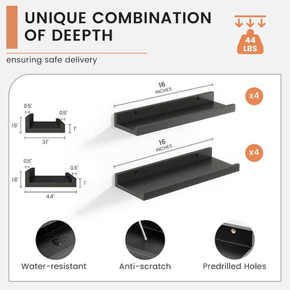 Floating Picture Ledge Shelves Set of 8, 16 Inch Solid Wood Wall Shelves - Image 3