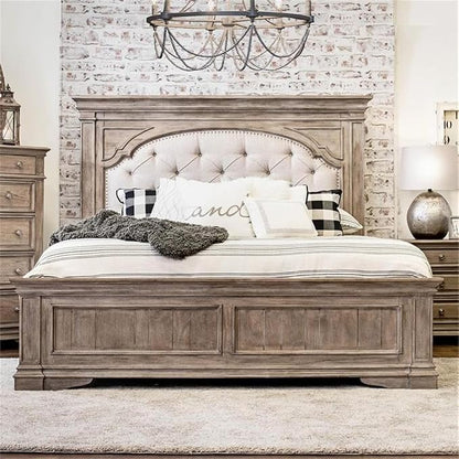 Pemberly Row King Panel Bed, Driftwood Gray Wood Frame, Upholstered Button - Image 7