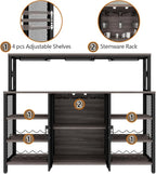 Bar Cabinet, 55 Inches Industry Coffee Bar Cabinet with Wine Rack and Glass Holder, Kitchen Sideboard Buffet Cabinet with Wine Rack Storage for Liquor and Glasses (Rustic Grey)