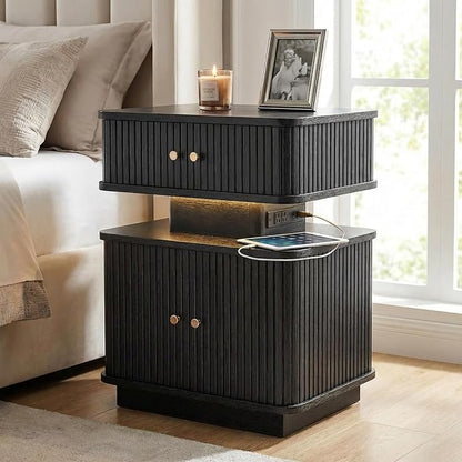 Black Nightstand with Charging Station and LED Light, Fluted Bedside Table with - Image 4