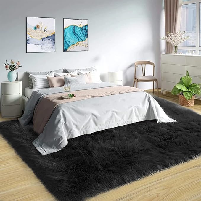 Latepis 9 x 12 Area Rug for Living Room Black Fur Faux Sheepskin Fluffy Rug for - Image 7
