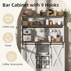 Farmhouse Coffee Bar Cabinet with 3 Tier Storage Hutch, 47'' Coffee Bar Station with Sliding Barn Door, Hutch Storage Cabinet with 9 Wine Racks & 9 Hooks for Kitchen Dining Living Room