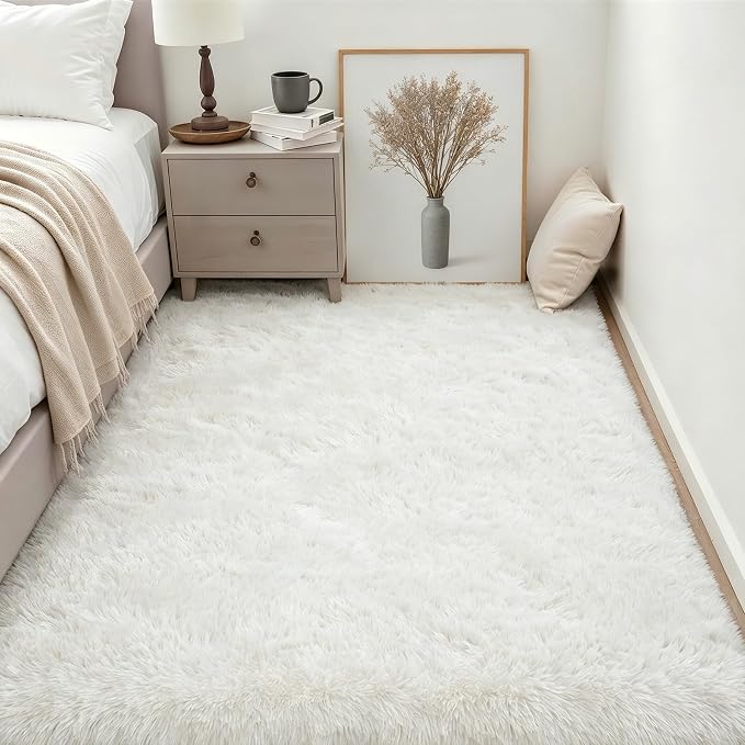 Area Rug Living Room Bedroom: 6x9 Fluffy Plush Shag Carpet Ivory | - Image 3