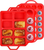 3 Pcs Silicone Baking Pan Set - Including 1 Pc Mini Loaf Pan, 1 Pc Standard Muffin Pan and 1 Pc Mini Muffin Pan - Silicone Cupcake Molds With Metal Reinforced Frame (Red)