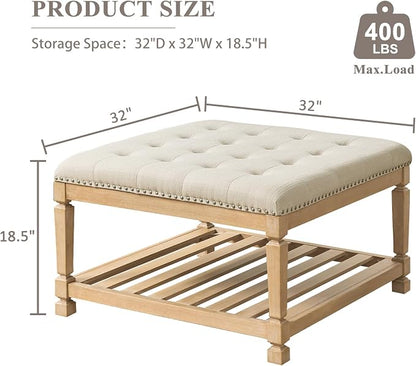 Befurtori Large Square Ottoman Coffee Table, Linen Solid Upholstered Footrest - Image 2