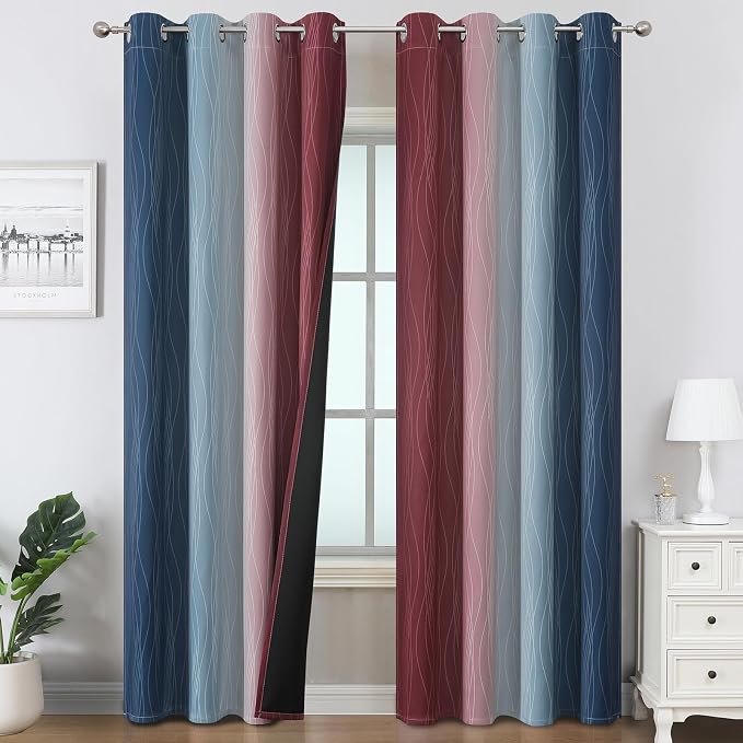 Navy Blue and Burgundy Red Ombre Blackout Bedroom Curtains 108 Inches Long | by ESTELARTEXTILER