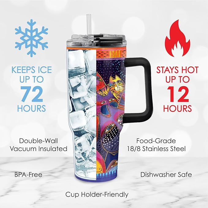 RainCaper 18/8 Stainless Steel Insulated Water Tumbler with Straw | 30oz, BPA-Free, Double Wall for Hot & Cold | Travel-Friendly, Cup Holder Ready (Laurel Burch Fantasticats)