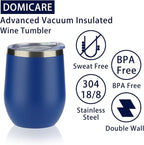 DOMICARE Stainless Steel Wine Tumbler Bulk with Lid, Personalized Insulated Tumblers Set, 12oz Travel Coffee Cups Pack of 4, Dark Blue