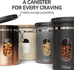 Veken Coffee Canister with Window,Airtight Stainless Steel Container,Home Kitchen Food Storage Organizers for Grounds,Beans,Espresso,Rice,Tea,Sugar,Flour, Cereal,Scoop,Bar Accessories,Gifts,22OZ,Black