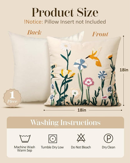 Embroidered Throw Pillow Cover 18x18 Inch, Flower Bird | Decorative Pillow Cover - Image 4