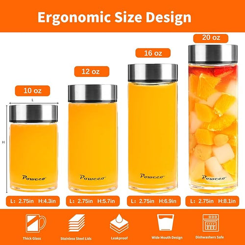 10oz Glass Juice & Water Bottles 6-Pack with Lids- Wide Mouth Reusable Borosilicate Glass- for Juicing, Smoothies, Protein Shakes, Blender & Shaker Bottle- Refillable & Dishwasher Safe(10 oz/300ml)