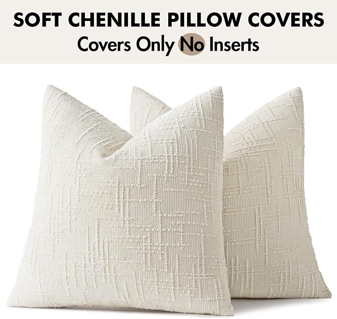 MIULEE Chenille Textured Euro Pillow Covers Cream White 22x22 Set of 2 | Slubby - Image 8