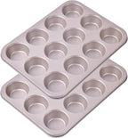 Mini Muffin Pan for Baking, Nonstick 12-Cavity Cupcake Pans, 2 Pack Cup Cake Tray, Bakeware for Oven Baking, Dishwasher Safe(Champagne Gold)