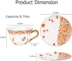 KAMMAK Tea Cups and Saucers Set of 2, Reinforced Porcelain Coffee Cups, 8.5-Ounce Stackable Espresso Mugs, Ceramic Demitasse for Coffee, Cappuccino, Latte, Americano, Tea, Secret Flourish