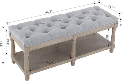 Farmhouse Storage Bench Wooden Entryway Upholstered Tufted Ottoman Bench - Image 2