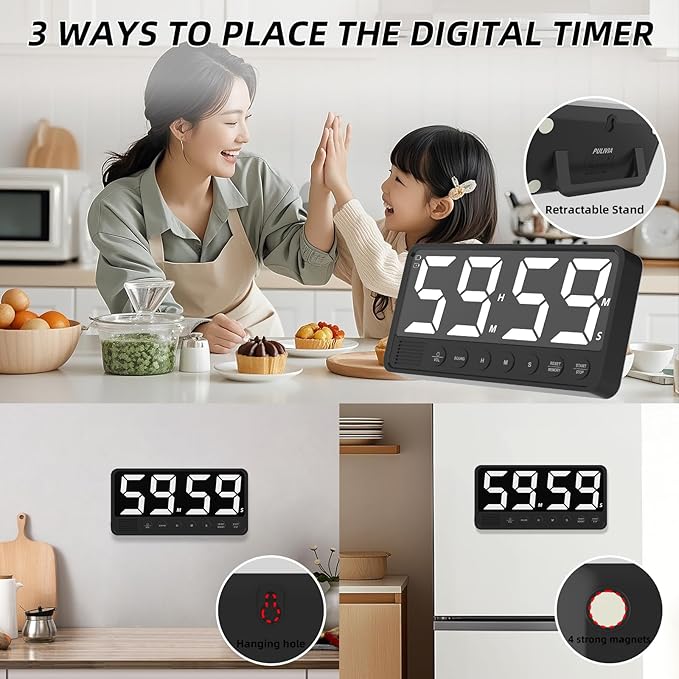 Extra-Large Display Digital Kitchen Timer with 7.4” LED Screen, 6 Alarms & 4 Volume Levels, 3 Memory Presets, Magnetic Stand Rechargeable Count Down/Up Timer for Cooking Home Gym, Black