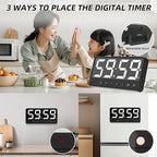Extra-Large Display Digital Kitchen Timer with 7.4” LED Screen, 6 Alarms & 4 Volume Levels, 3 Memory Presets, Magnetic Stand Rechargeable Count Down/Up Timer for Cooking Home Gym, Black