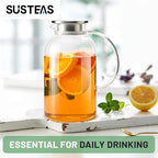 SUSTEAS 2.2 Liter 75oz Glass Pitcher with Lid, Easy Clean Heat Resistant Glass Water Carafe with Handle for Hot/Cold Beverages - Water, Cold Brew, Iced Tea & Juice, 1 Long-Handled Brush Included