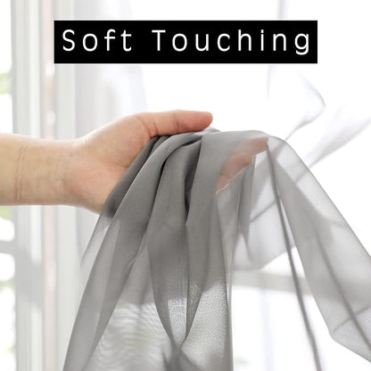 Grey Sheer Kitchen Valance for Windows Set of 2, Small Modern Rod Pocket Voile - Image 2