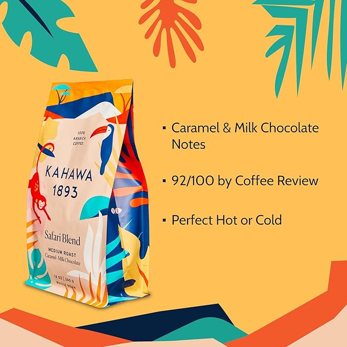 Kahawa 1893 Whole Bean Coffee Medium Roast Safari Blend 24 Oz - As Seen on Shark Tank, High Antioxidants, Naturally Sweet, Organically Grown, Ethically & Sustainably Sourced