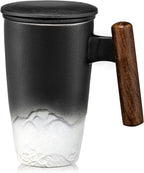 suyika Tomotime Ceramic Tea Cup with Infuser and Lid Tea Mugs Wooden Handle 400ml/13.5oz Black