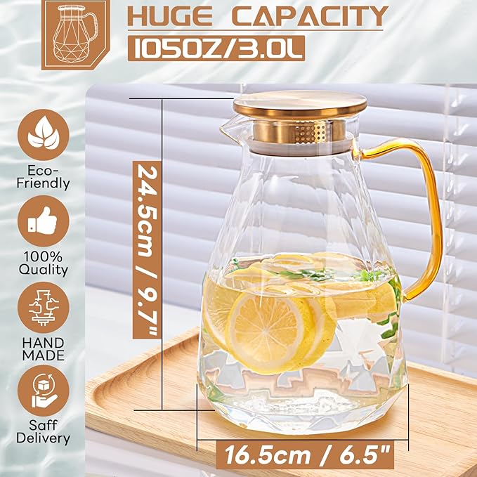 Yirilan Glass Pitcher, 3 Liter Water Carafe With Lid, Iced Tea Pitcher for Fridge