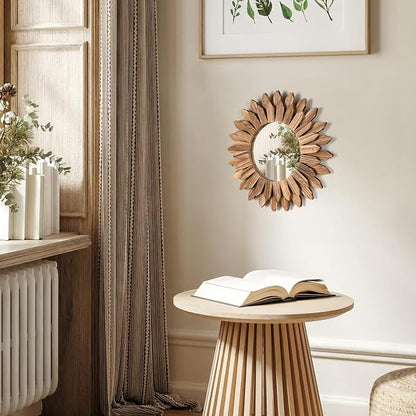 Honiway Wall Mirror Decorative 12 inch Rustic Wood Mirror Sunburst Boho Mirror - Image 3