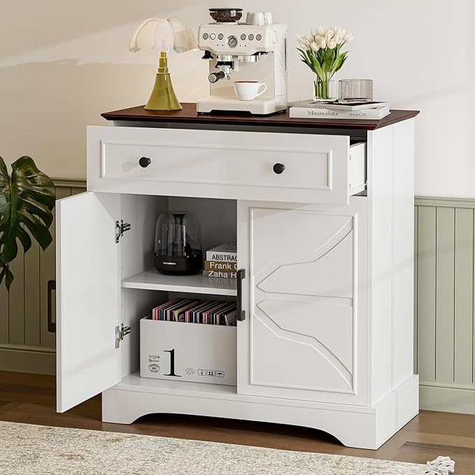 Buffet Cabinet with Storage, Coffee Bar with Drawer & Adjustable Shelf, Modern Sideboard for Kitchen, Dining Room, Living Room, White