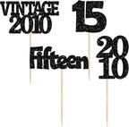 Gyufise 24Pcs 15th Birthday Cupcake Toppers Glitter Fifteen Vintage 2010 Sweet 15 Cupcake Picks Hello 15 Years Birthday Cake Decorations for Happy 15th Anniversary Party Supplies Black