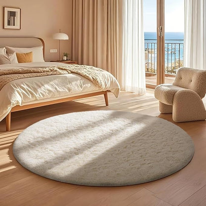 Ophanie Round Rug 4Ft Ivory Circle Area Rugs, Fluffy Fuzzy Small Bedroom Carpet - Image 5