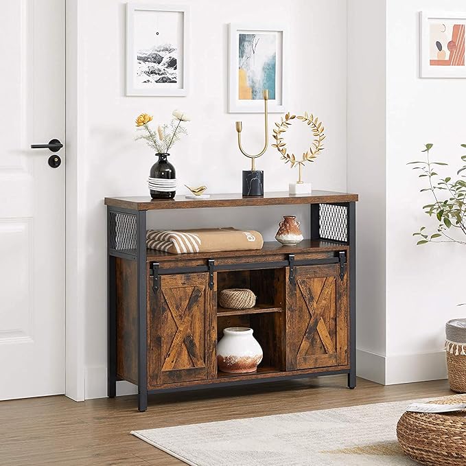 VASAGLE Buffet Cabinet, Coffee Bar Storage Cabinet, Sideboard with 2 Sliding Barn Doors, Adjustable Shelves, 13 x 39.4 x 31.5 Inches, for Living Room, Rustic Brown and Ink Black ULSC092B01