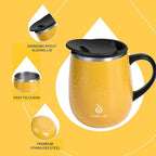 Ideus 16 oz Insulated Coffee Mug with Handle and Lid, Double Wall Stainless Steel Vacuum Thermal Coffee Mug, Travel Coffee Cup Thermal Cup for Home and Office, Leopard Yellow