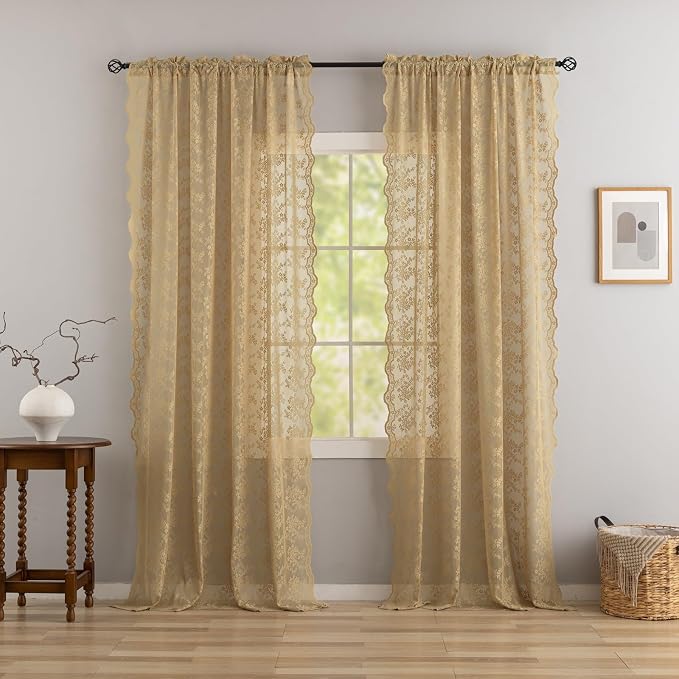 YJ YANJUN Vintage Lace Curtains 84 Inches Long-Victorian Floral Pattern Taupe - Image 2
