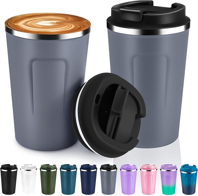 Volhoply 12 oz Double Wall Insulated Vacuum Travel Coffee Mugs with Flip Lid Bulk 2 Pack,Reusable Stainless Steel Leak Proof Coffee Cup,Portable Cafe Thermal Tumbler for Hot & Cold Drinks(Gray,2 Set)