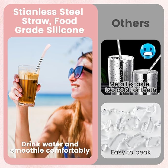 OUTXE Anti Wrinkle Straw 6 Pcs, Flat Wide Drinking Straw for Stanley Cup 40 oz 30 oz, Reusable Wrinkle Free Long Stainless Steel Metal Straw for Lip with Cleaning Brush and Carrying Bag