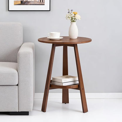 Bamboo Round End Table with Storage Shelf, 2-Tier Mid-Century Modern Accent by VELOHEIM