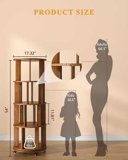 4-Tier Solid Wood Rotating Bookshelf on Wheels, 360° Spinning Book Shelf Tower - Image 2