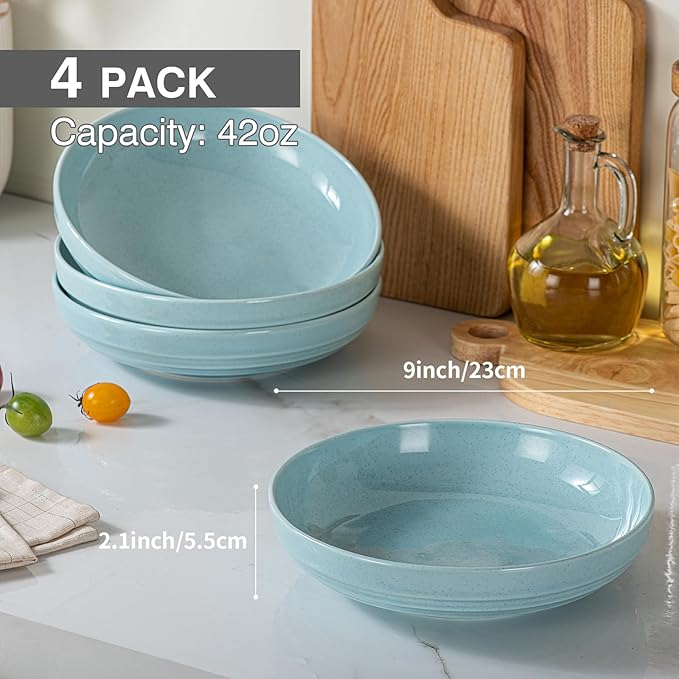 HAPPY KIT Stoneware Pasta Bowl Set of 4, 9'' Large Salad Bowls,42 Oz, Reactive Glaze Serving Bowls, Microwave Dishwasher Safe, Ocean Current Blue
