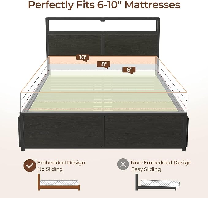 Rolanstar Queen Bed Frame with 4 Storage Drawers & 2-Tier Storage Headboard - Image 7