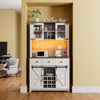 72" Coffee Bar Wine Cabinet with Sliding Barn Door & LED Lights, Sideboard Buffet Cabinet with Wine Bottle Rack, 3 Drawers, Storage Cabinet for Kitchen, Dining Room, White