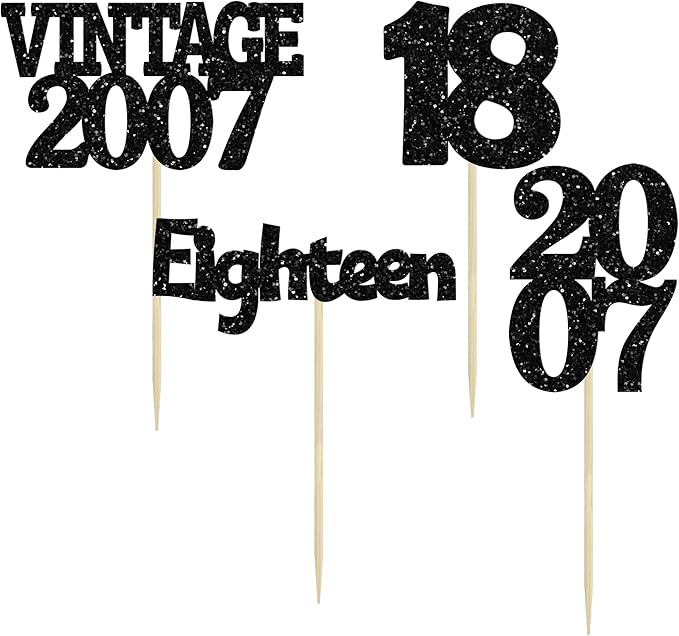 Gyufise 24Pcs 18th Birthday Cupcake Toppers Glitter Eighteen Vintage 2007 Adultish 18 Cupcake Picks Hello 18 Years Birthday Cake Decorations for Happy 18th Birthday Anniversary Party Supplies Black