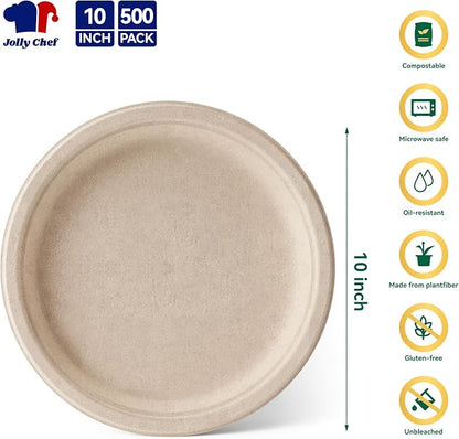 JOLLY CHEF Compostable Heavy Duty Plates 𝟭𝟬 𝗜𝗻𝗰𝗵 [𝟱𝟬𝟬 𝗣𝗮𝗰𝗸] Eco-Friendly Disposable Paper Plates Made of Bagasse Biodegradable Bulk for Party Dinner Sugarcane Thanksgiving Day (Natural)