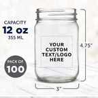DISCOUNT PROMOS Custom Decorating Mason Jars 12 oz. Set of 100, Personalized Bulk Pack - Glass Jars for Overnight Oats, Candies, Fruits, Pickles, Spices, Beverages - Clear