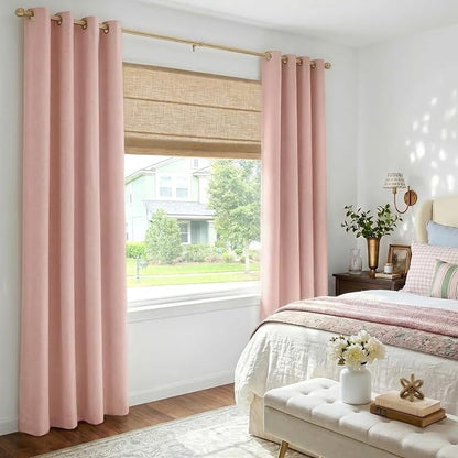 100% Blackout Linen Textured Curtains 90 Inch Long, Blush Pink | 100% Blackout - Image 2