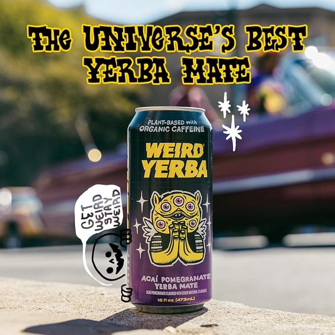Drink Weird Organic Acai Pomegranate Yerba Mate – 16oz Cans, 160mg Organic Caffeine, Pack of 12 – Antioxidant-Rich Energy Drink Alternative