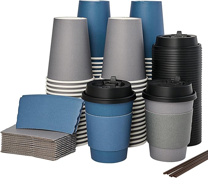 LITOPAK 100 Pack 12 oz Disposable Paper Coffee Cups with Lids, Sleeves and Stirring Sticks for Hot Coffee, Water or Juice, Blue and Gray Hot Paper Cups for Cafes, schools, offices, shops
